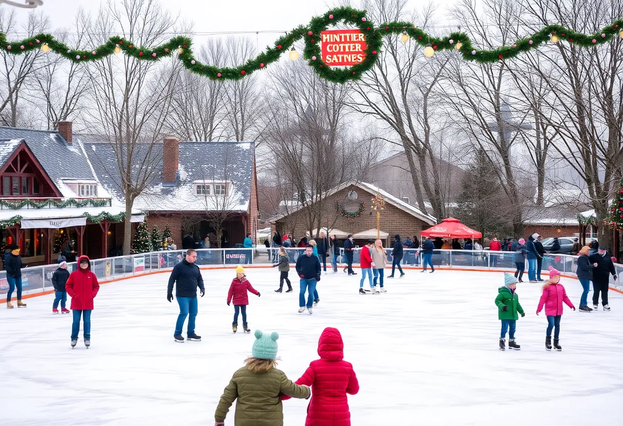 Families ice skating at Frankenmuth Ice Rink in a winter setting