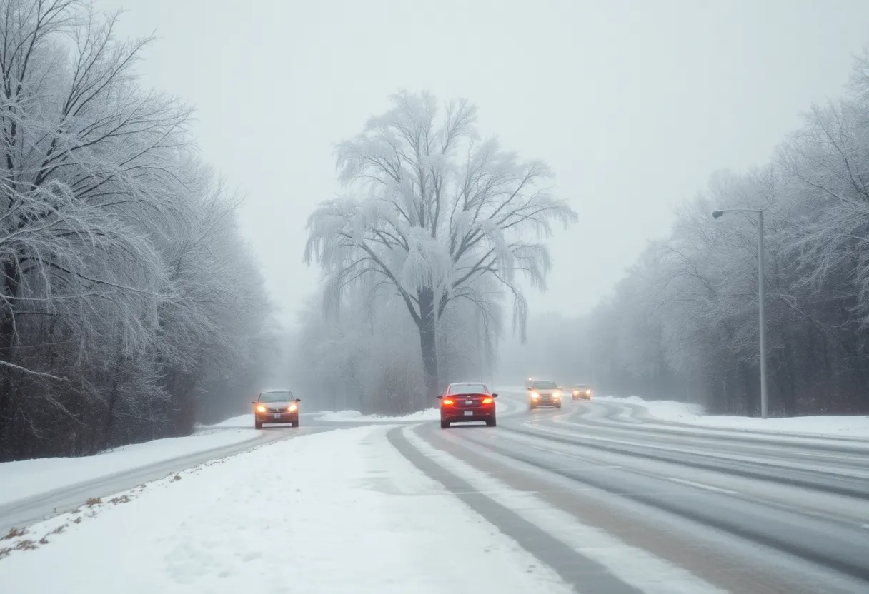 A winter landscape showing freezing rain effects in Southeast Michigan.