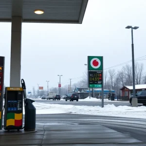 Gas station displaying the gas prices in Michigan during winter