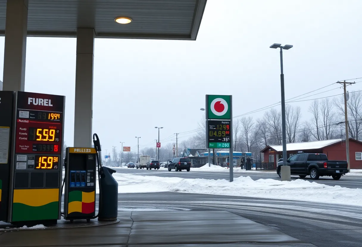 Gas station displaying the gas prices in Michigan during winter