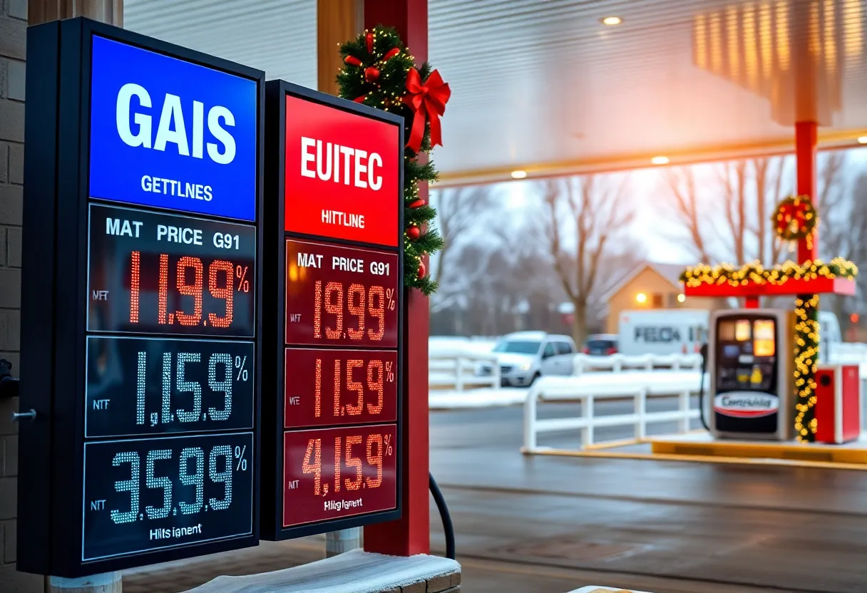 Sign showing gas prices at a Michigan gas station during the holiday season