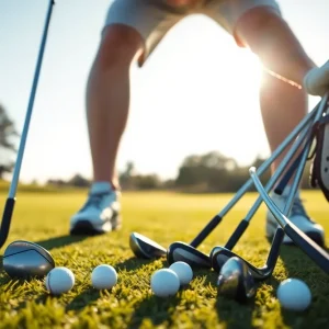 A golfer evaluating different golf clubs and balls