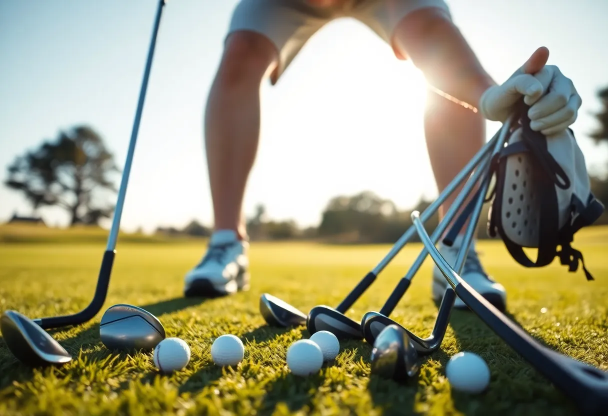 A golfer evaluating different golf clubs and balls