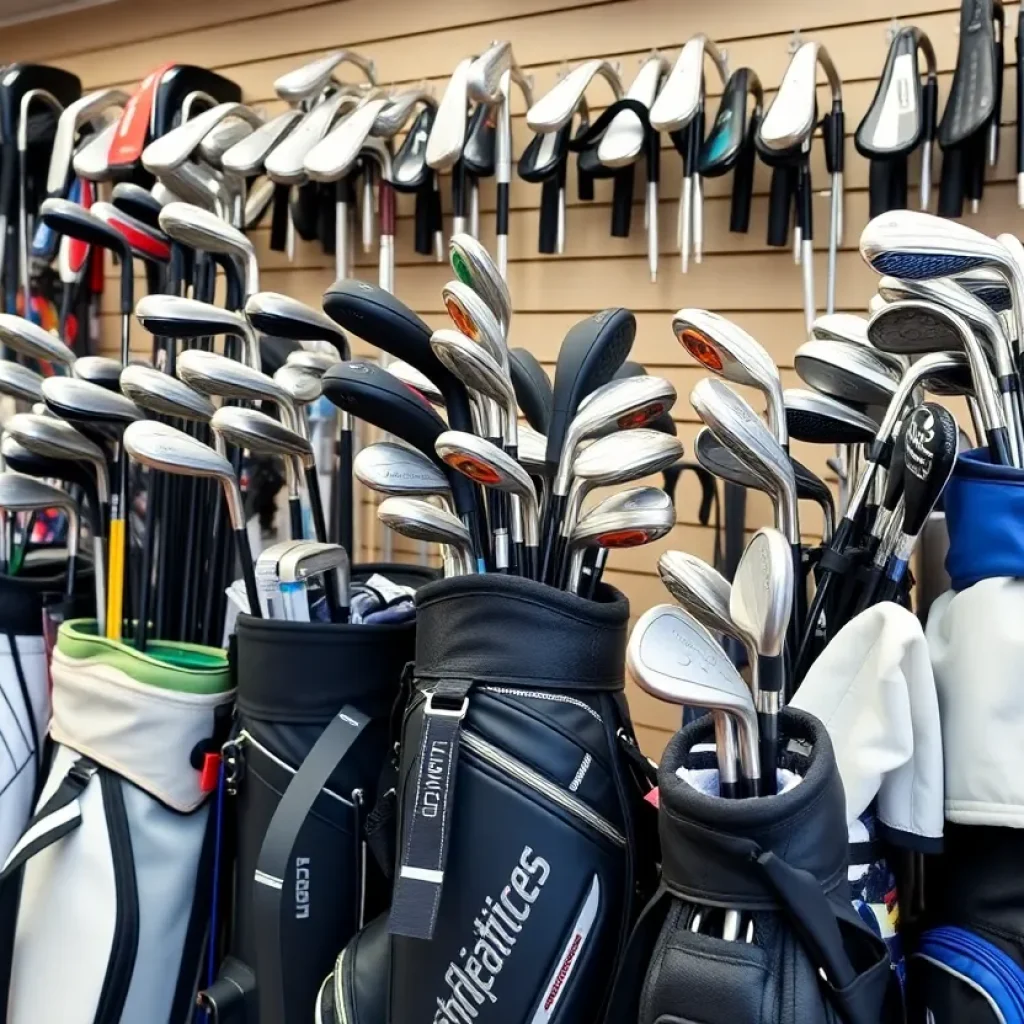 Golf equipment displayed in a store with security measures visibly implemented.