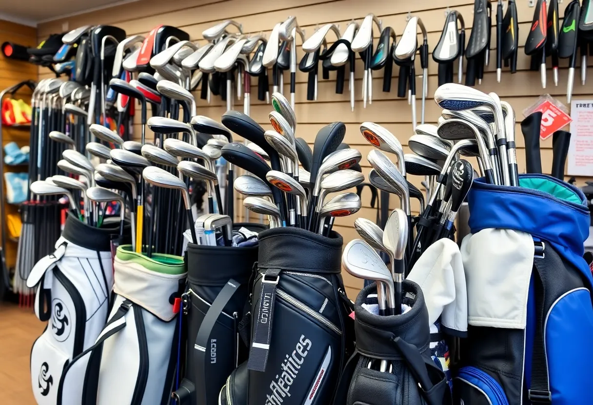 Golf equipment displayed in a store with security measures visibly implemented.