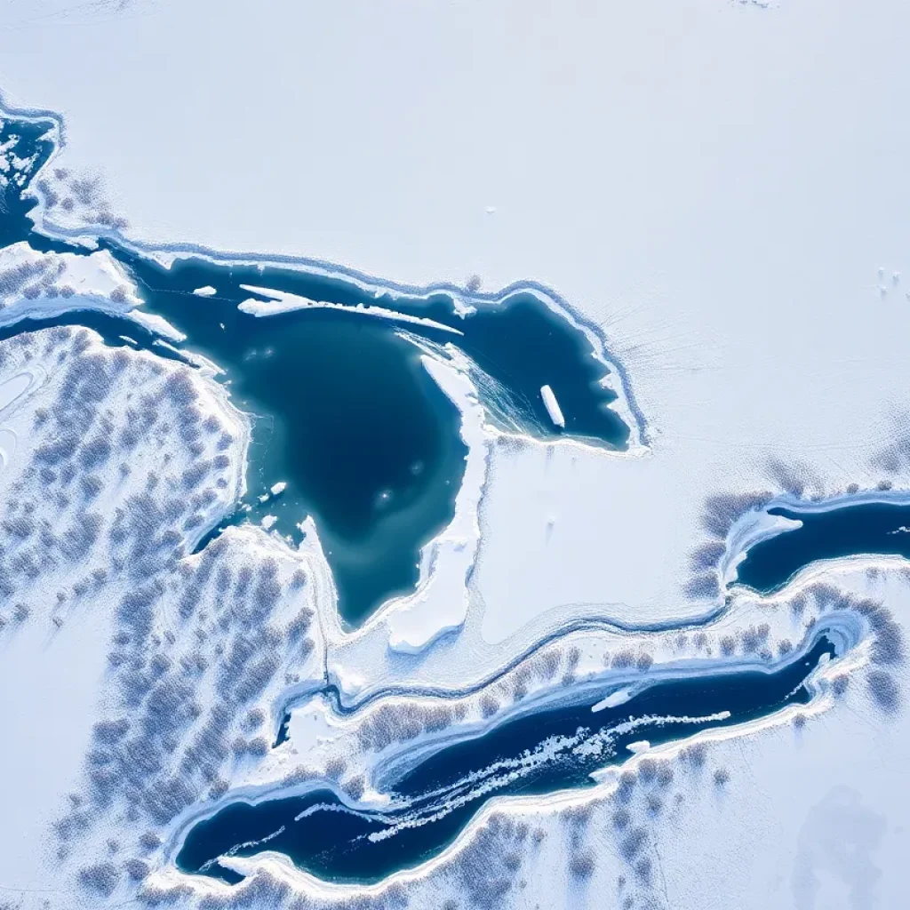 Aerial view of the Great Lakes with low ice coverage amidst unseasonably warm weather.