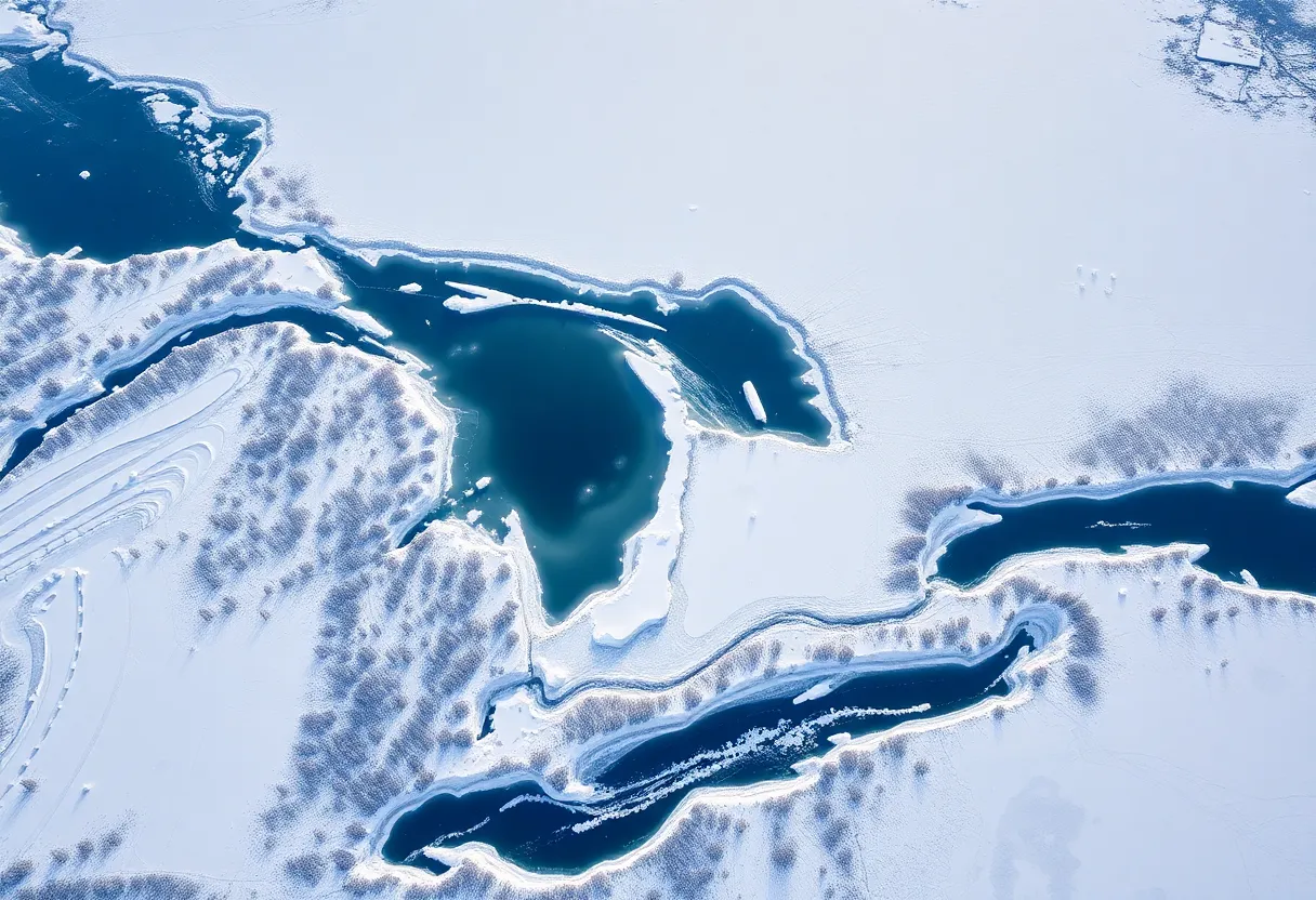Aerial view of the Great Lakes with low ice coverage amidst unseasonably warm weather.