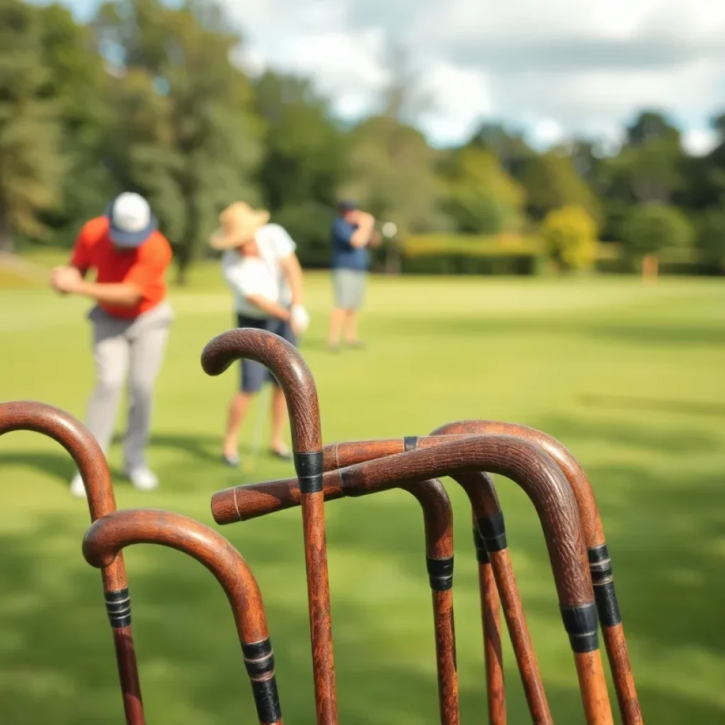 Players using hickory golf clubs on a sunny golf course