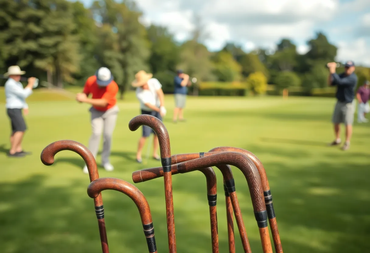Players using hickory golf clubs on a sunny golf course