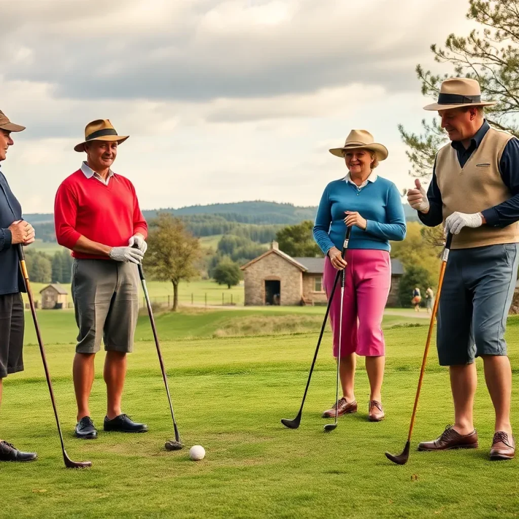 Golfers playing with hickory clubs in vintage attire on a lush golf course.