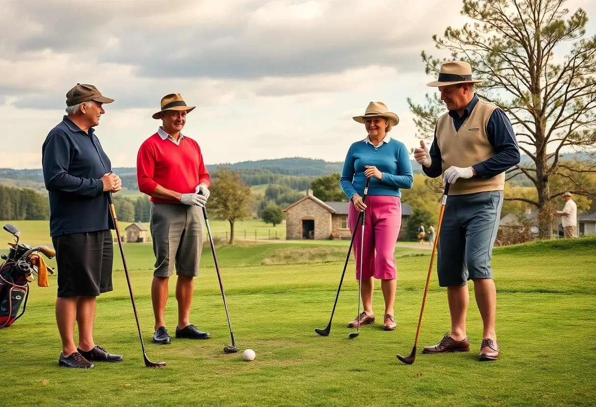 Golfers playing with hickory clubs in vintage attire on a lush golf course.