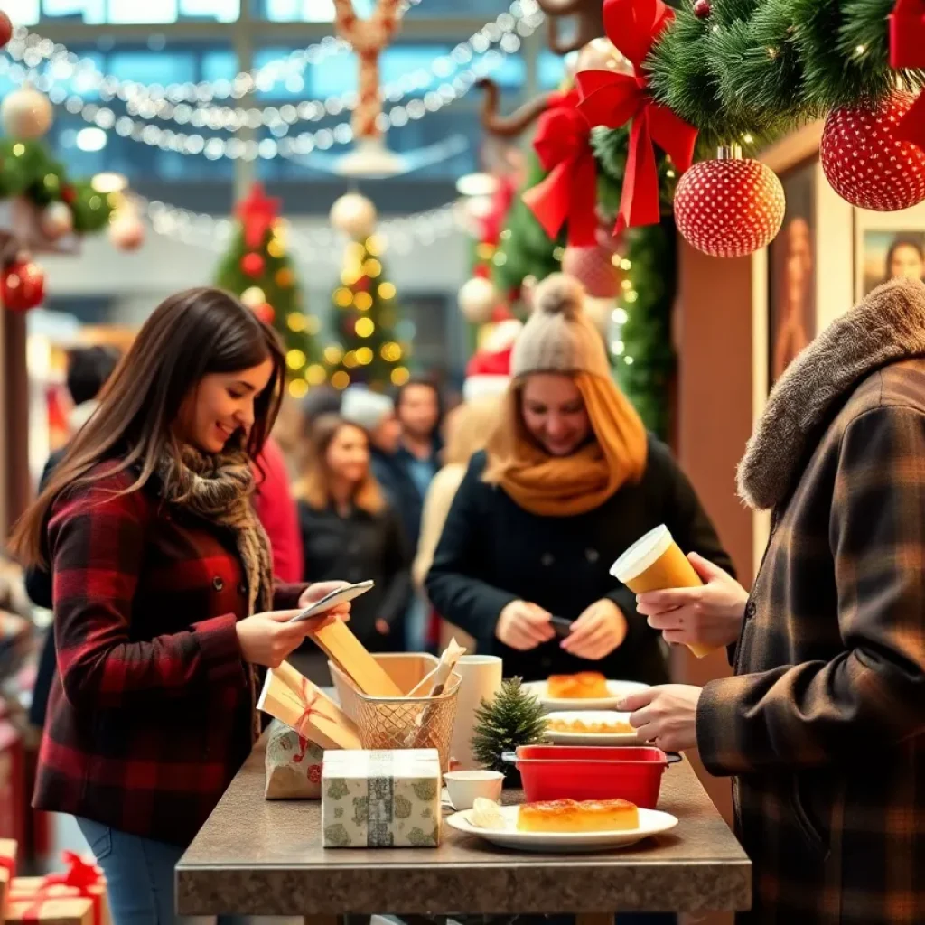 A joyful holiday shopping scene reflecting smart budgeting and money-saving strategies.