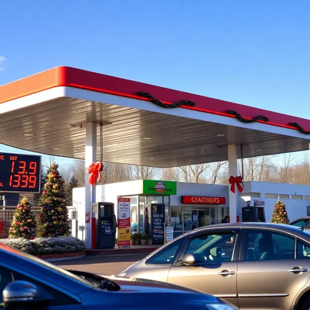 A gas station decorated for the holiday season with lower gas prices displayed.