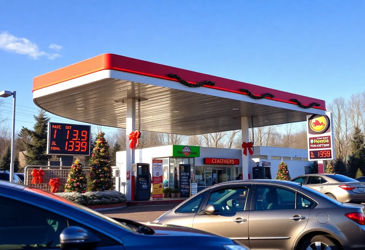 A gas station decorated for the holiday season with lower gas prices displayed.