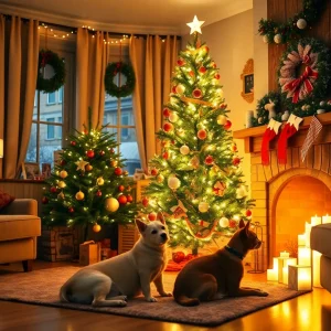 Pets in a decorated holiday living room, highlighting safety measures.