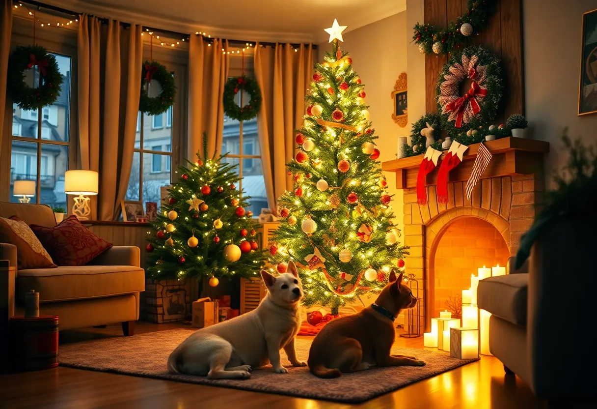 Pets in a decorated holiday living room, highlighting safety measures.