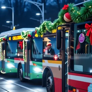 Buses decorated for the holidays at a transit station