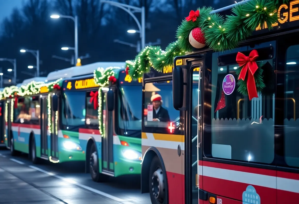 Buses decorated for the holidays at a transit station