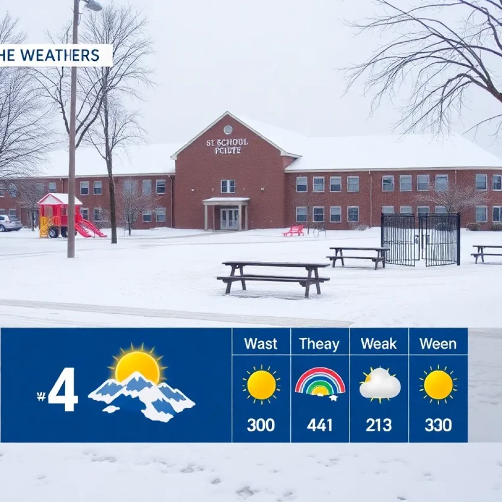 Snow-covered school playground with icy weather forecast
