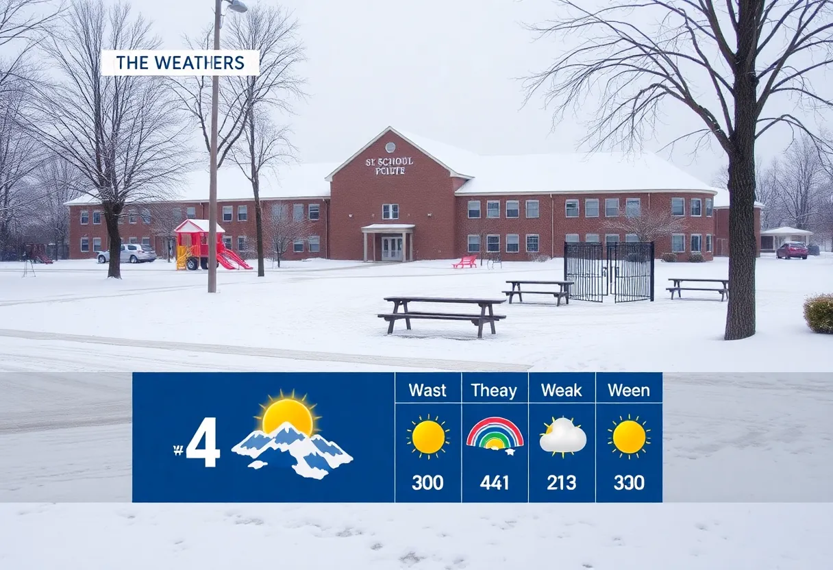 Snow-covered school playground with icy weather forecast