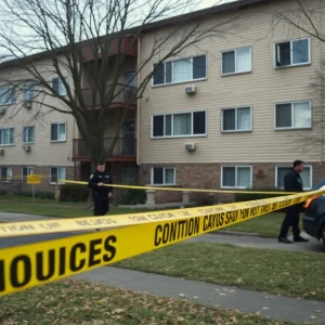 Scene of a police investigation at an apartment complex following a shooting incident.
