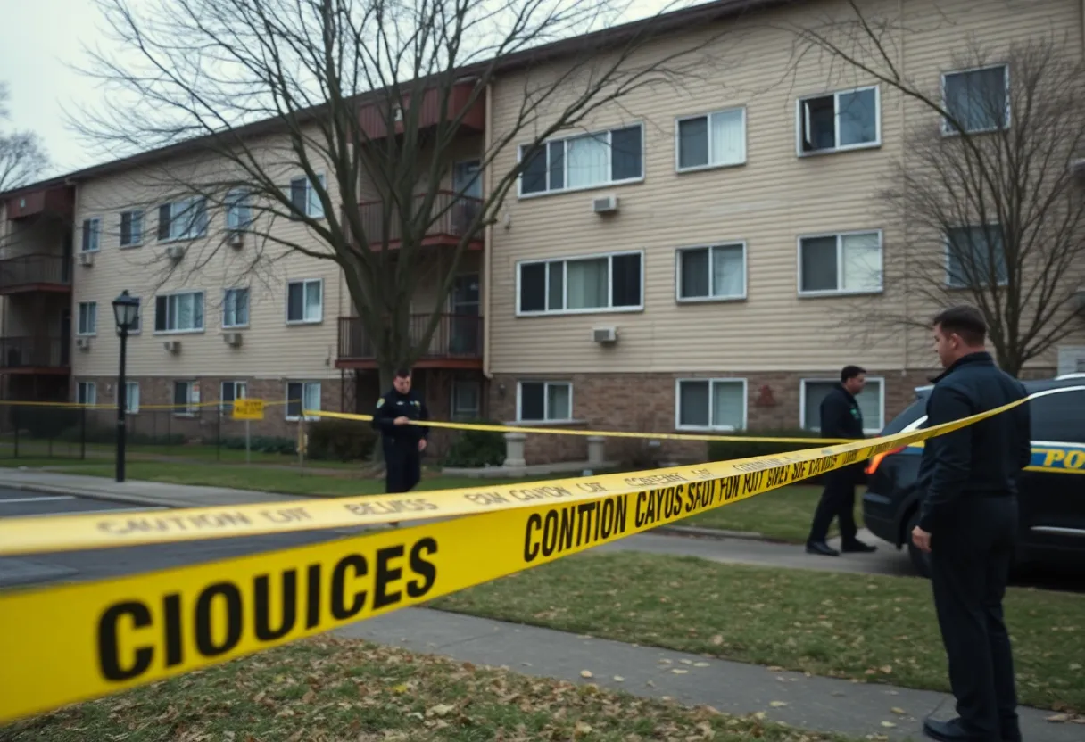 Scene of a police investigation at an apartment complex following a shooting incident.