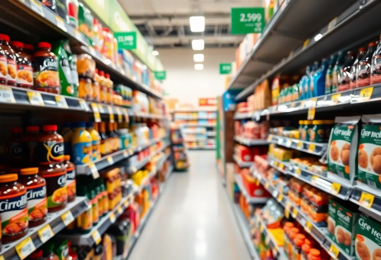 Grocery store aisle showcasing product price displays