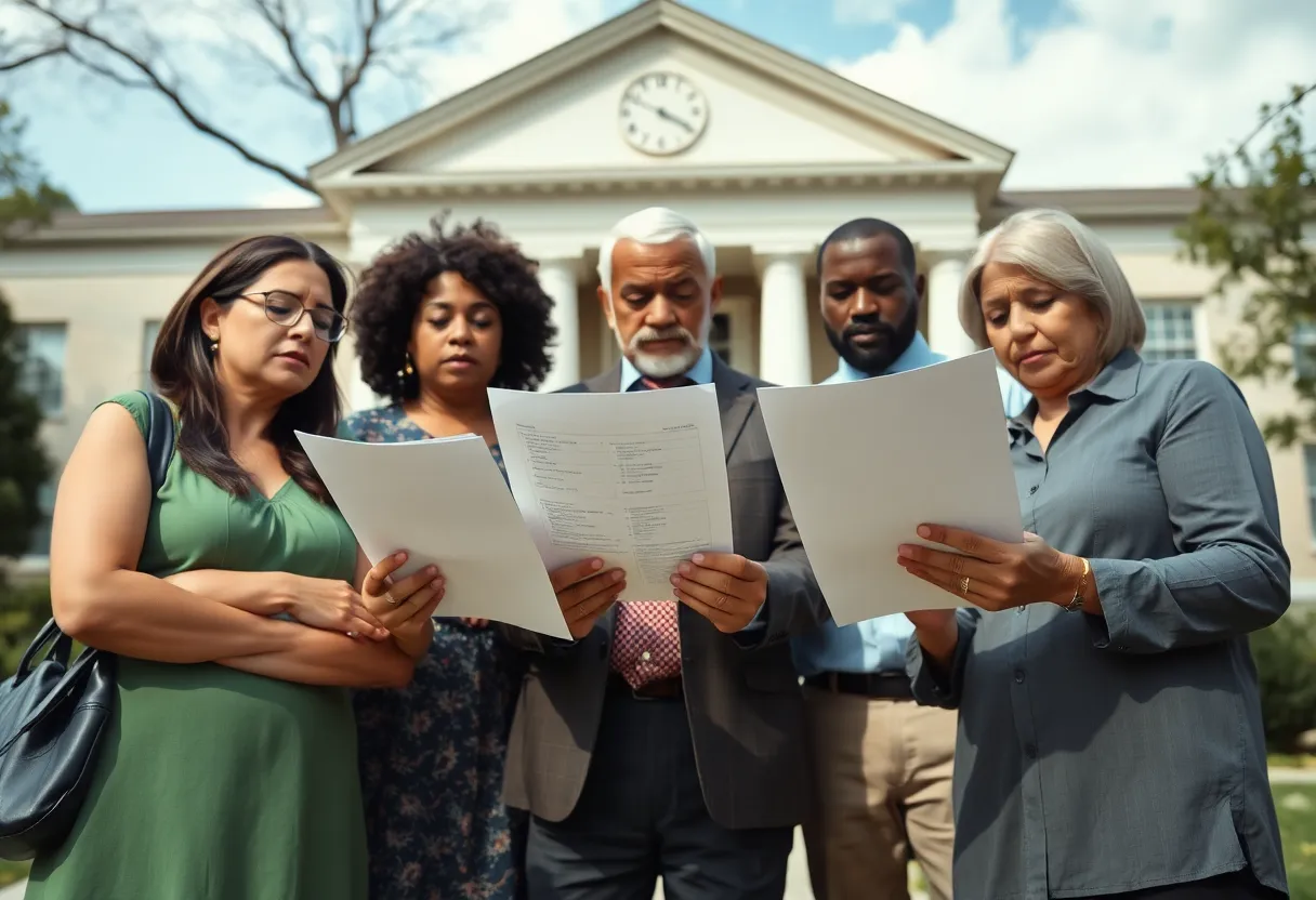 Residents of Jackson County examining fraudulent documents warning of a wire transfer scam.