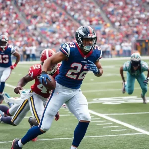 Action scene depicting an intense moment during an NFL game with a turnover.