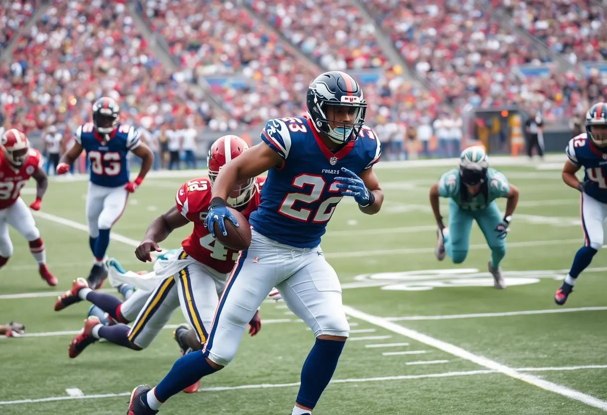 Action scene depicting an intense moment during an NFL game with a turnover.