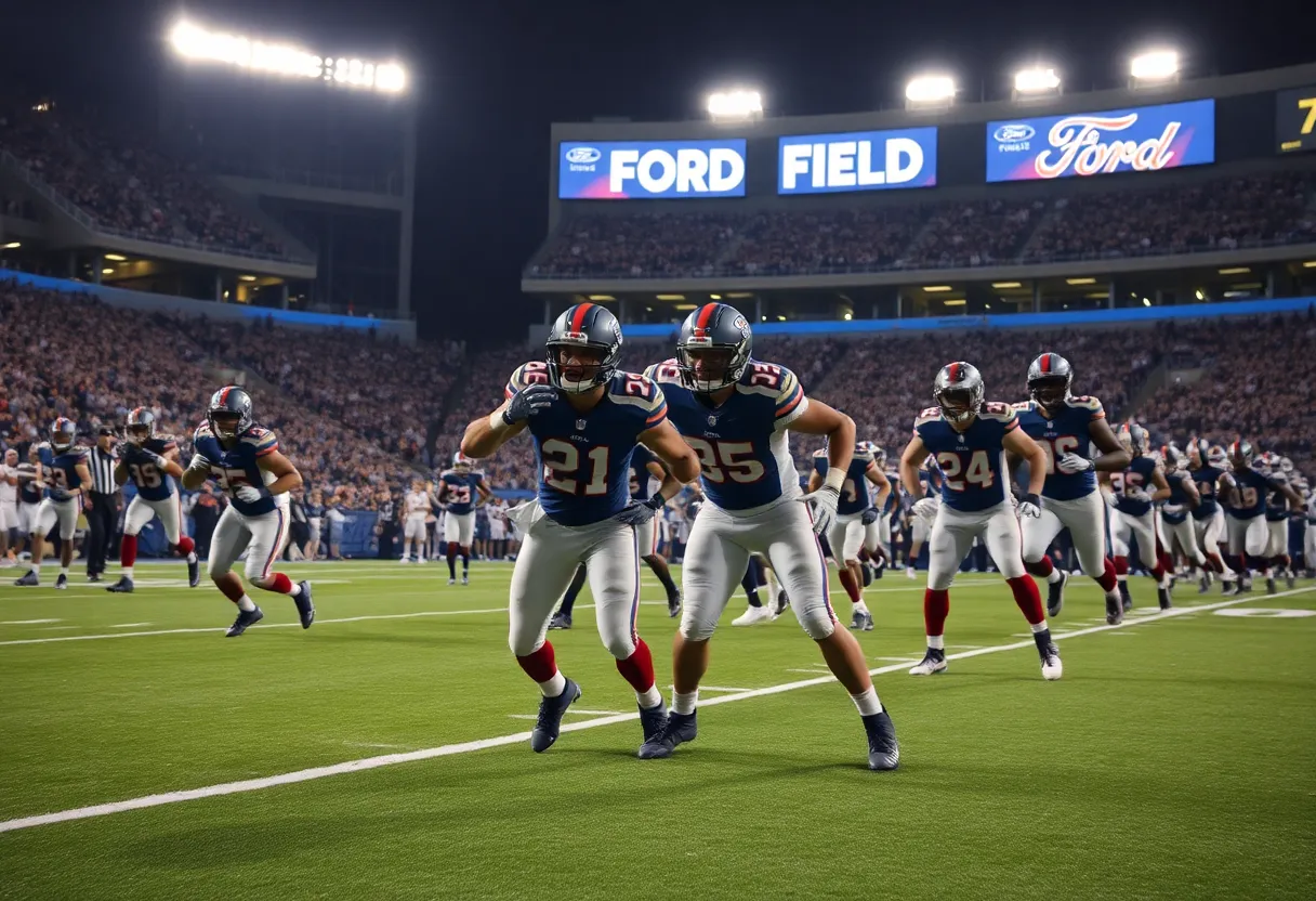 Detroit Lions players strategizing during a game at Ford Field