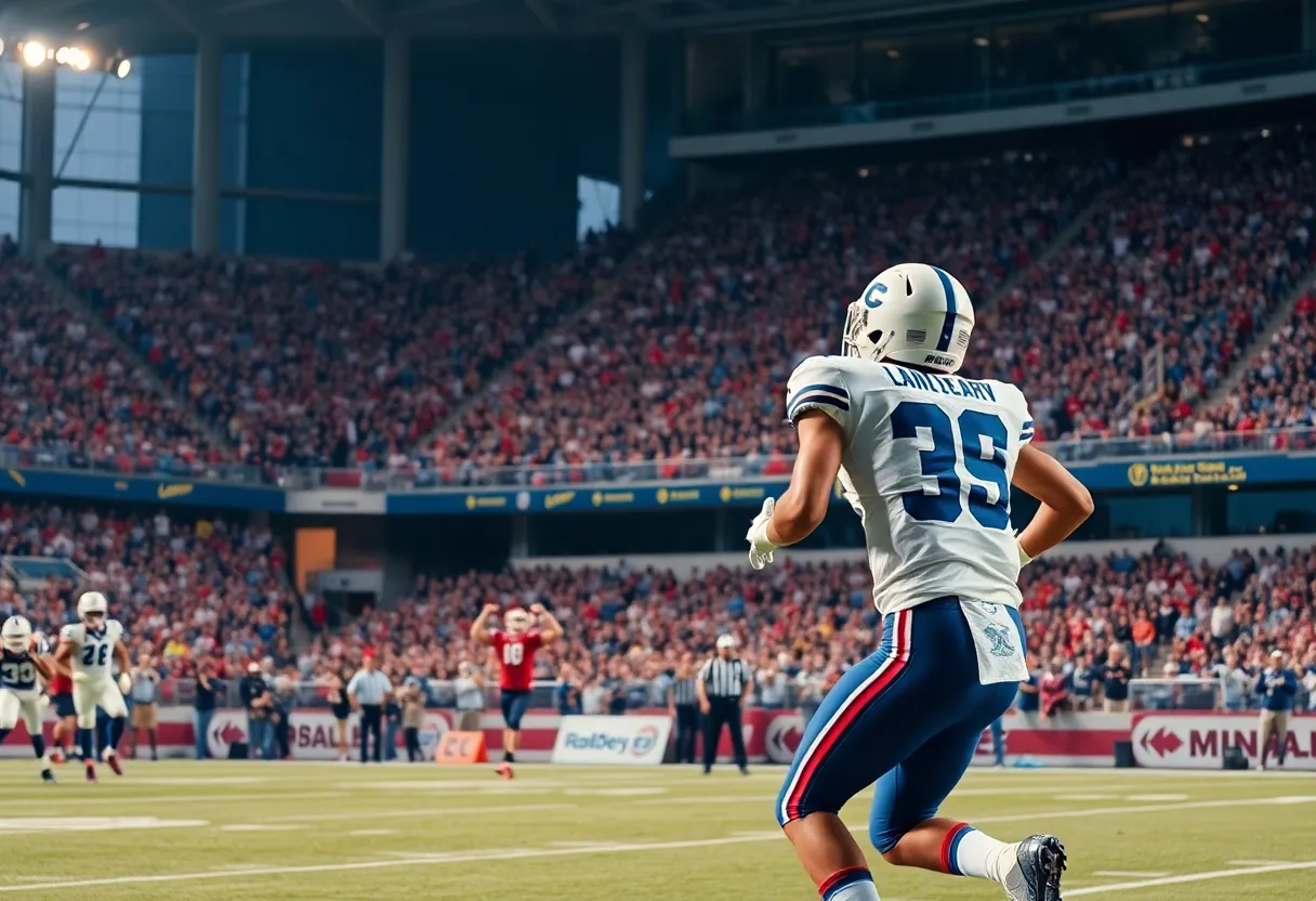 Seahawks player celebrating a touchdown in a packed stadium