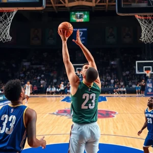 Basketball player making a shot during a game.
