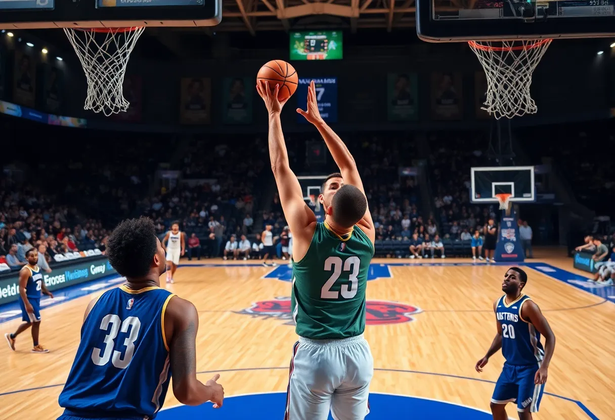 Basketball player making a shot during a game.