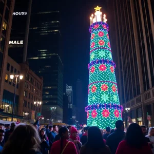 Illuminated Kwanzaa Kinara in Detroit with festive crowd