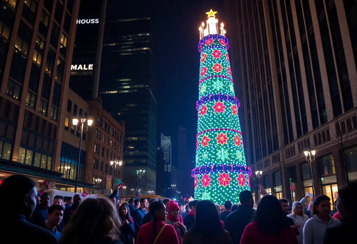 Illuminated Kwanzaa Kinara in Detroit with festive crowd