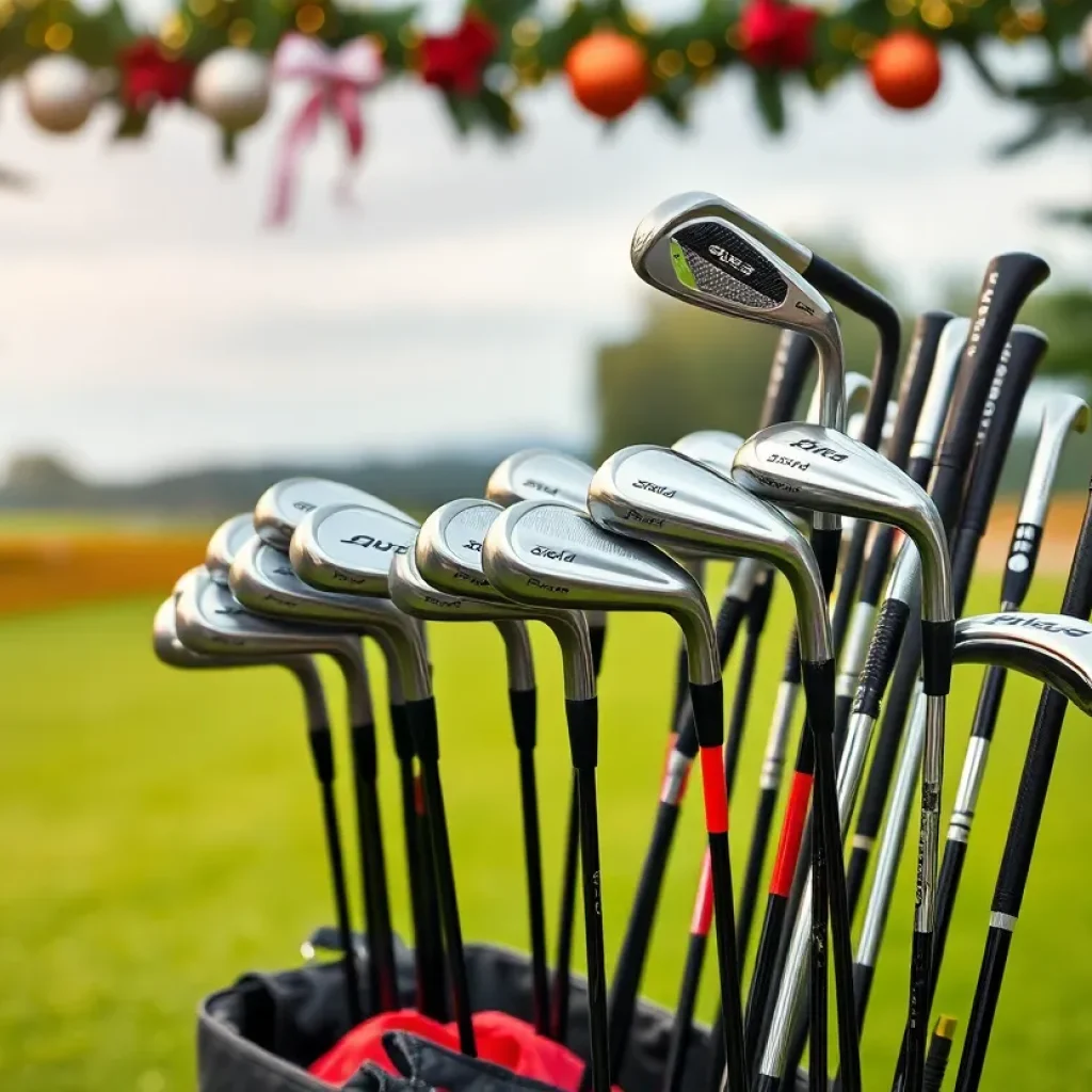 Collection of left-handed golf clubs on a golf course