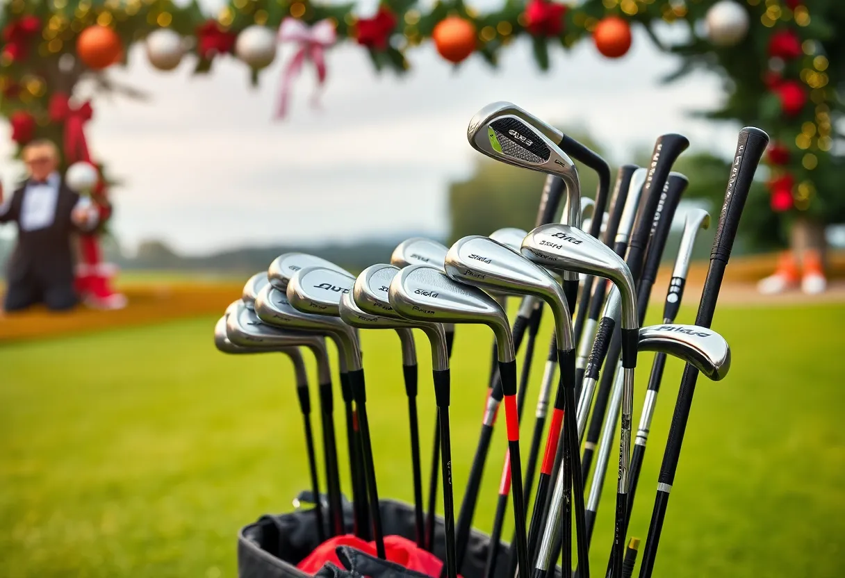 Collection of left-handed golf clubs on a golf course