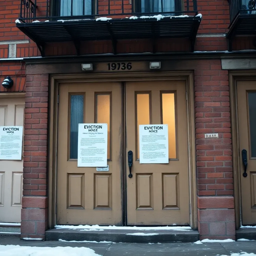 Eviction notices on the doors of Leland House in Detroit