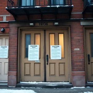 Eviction notices on the doors of Leland House in Detroit