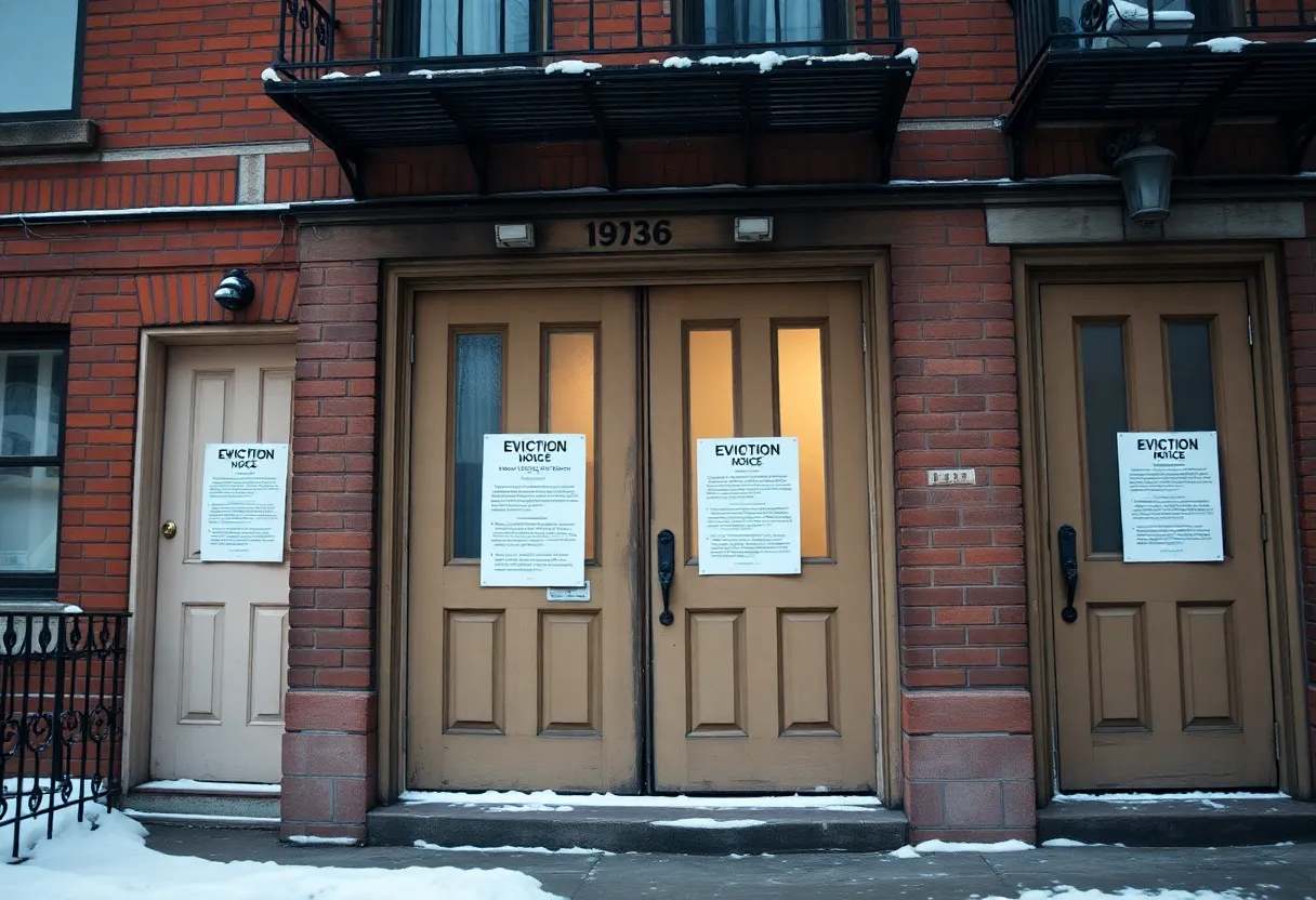 Eviction notices on the doors of Leland House in Detroit