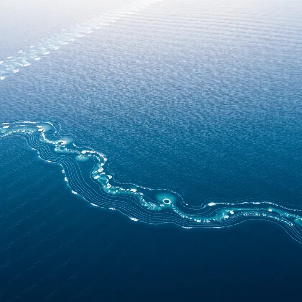 Aerial view of the Straits of Mackinac with pipelines underwater
