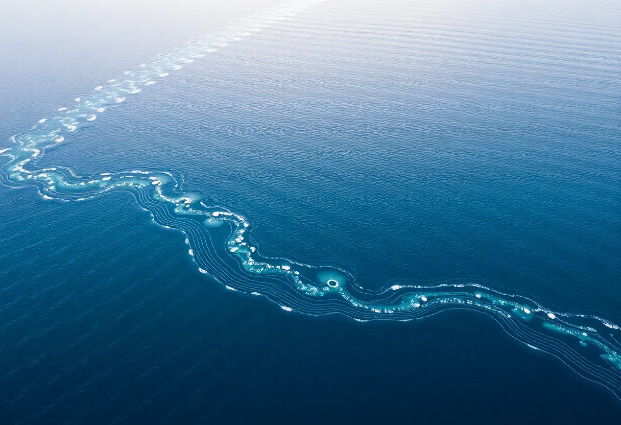 Aerial view of the Straits of Mackinac with pipelines underwater