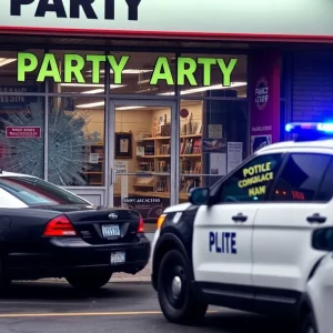 Shattered glass doors of Mirage Market after burglary