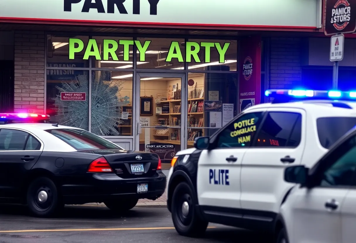 Shattered glass doors of Mirage Market after burglary