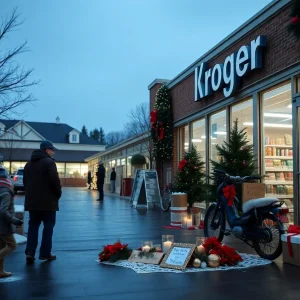 Memorial set up at Kroger for a fallen Salvation Army bell ringer