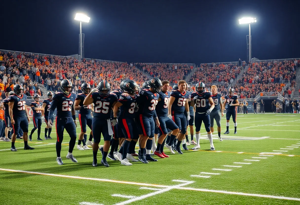 Menominee Maroons celebrating their state championship victory on the football field.