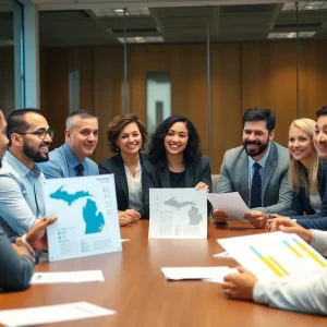 Business leaders advocating for the Michigan Achievement Scholarship in a meeting.