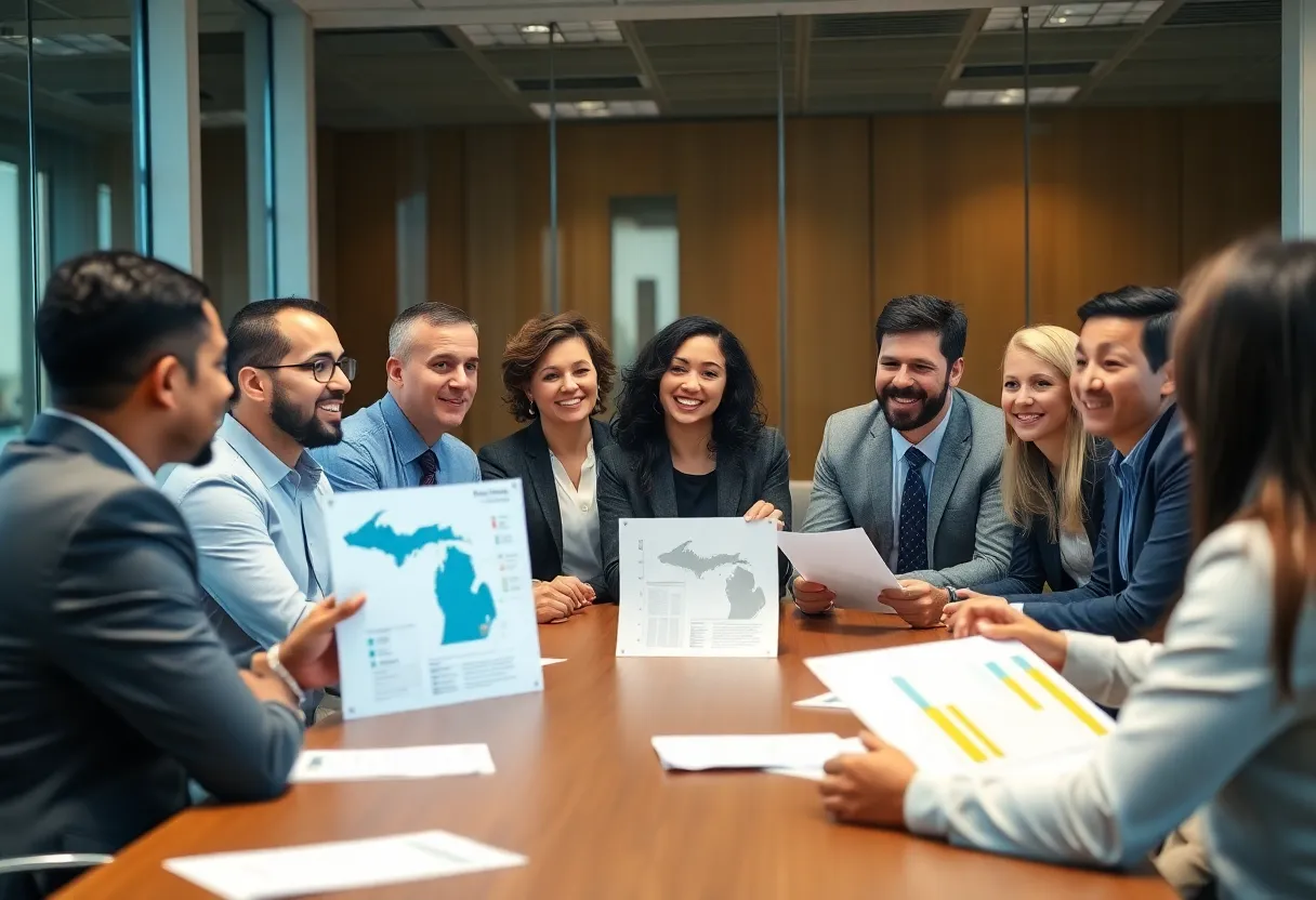 Business leaders advocating for the Michigan Achievement Scholarship in a meeting.