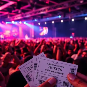 Fans enjoying a concert with event tickets visible